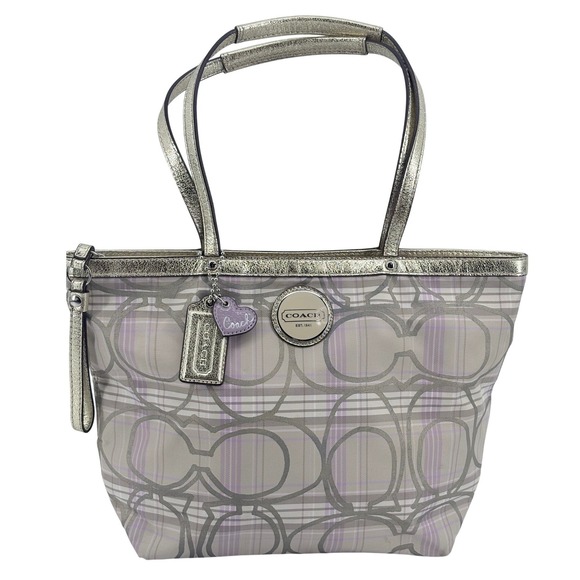 Coach Handbags - Coach Heritage Plaid Signature C Tote Bag Metallic Gold Lavender F17474